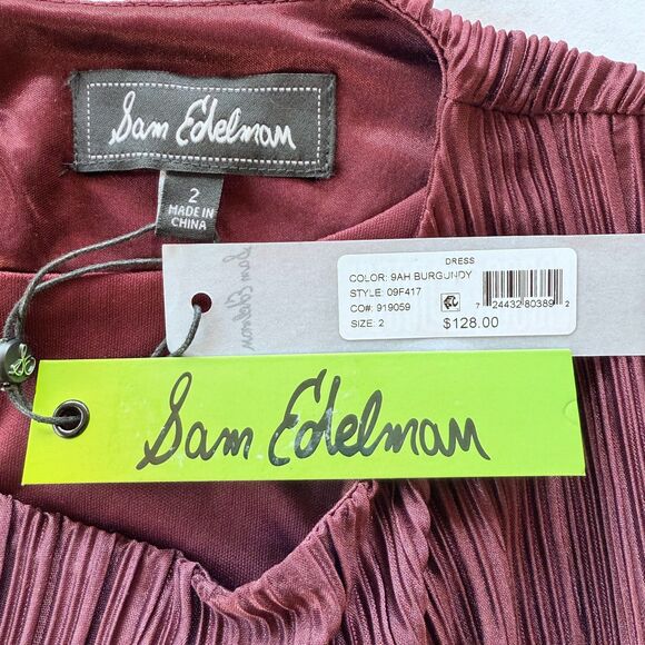 NWT Sam Edelman Long Sleeve Plisse Crinkle High Neck Burgundy Shift Dress Size 2 - Picture 7 of 12